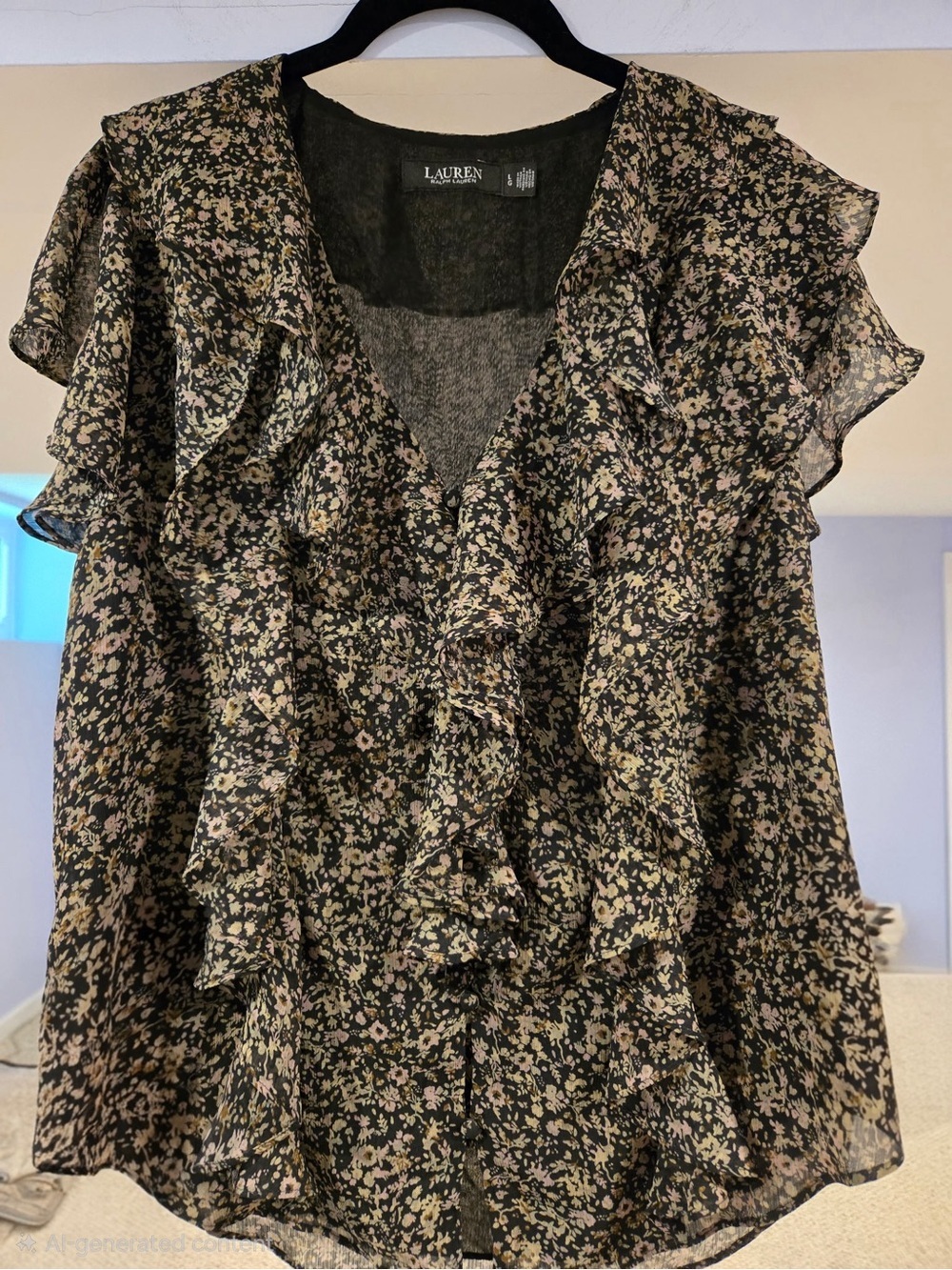 Lauren Ralph Lauren Black Floral Ruffle V-Neck Top